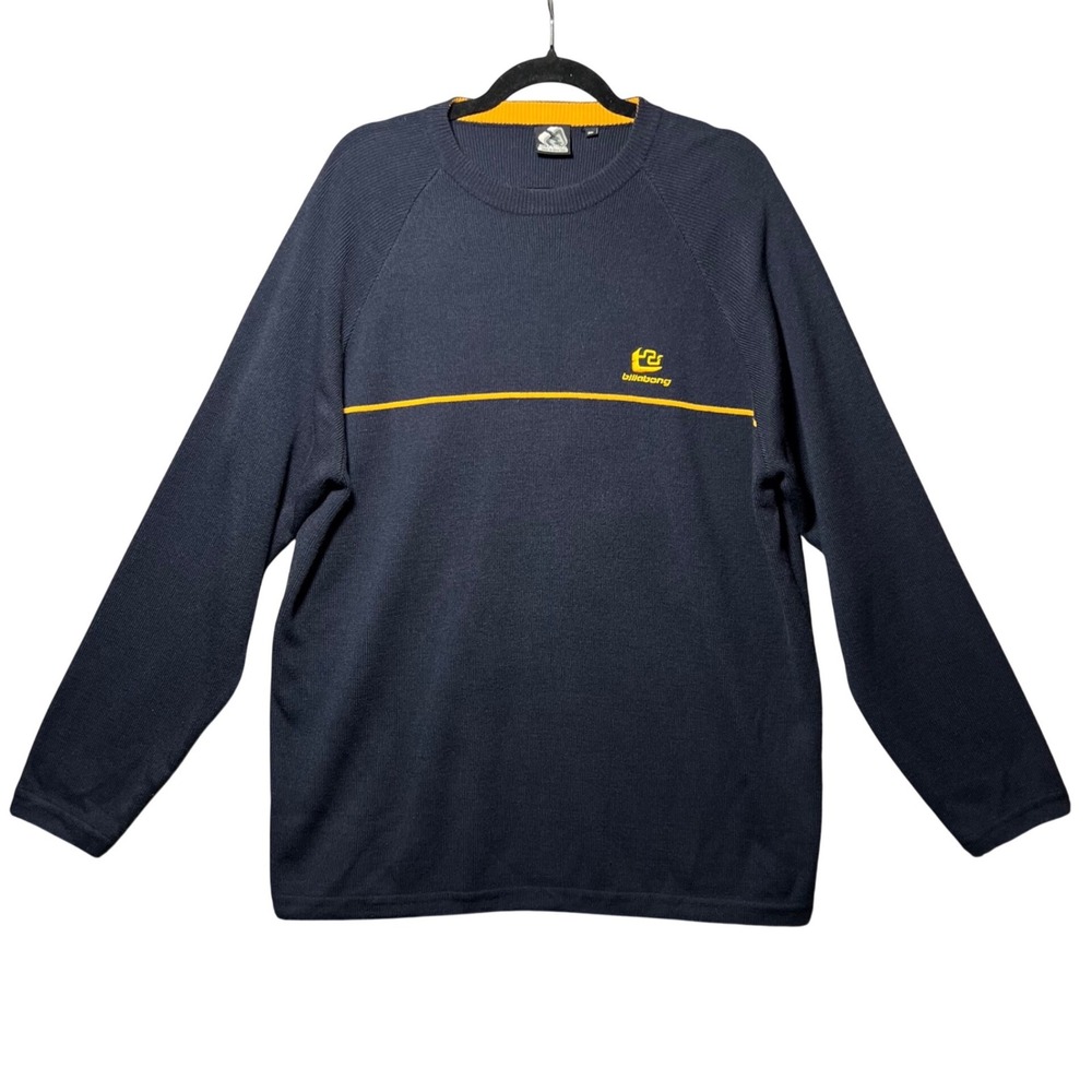 Vintage 90s Billabong Knit Sweater Mens XL Navy Gold Surf Skate Raglan Logo